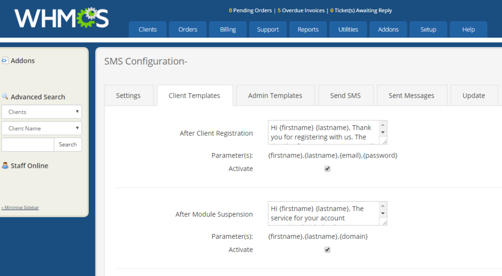 Whmcs SMS Addon